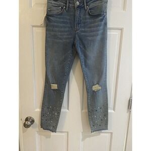 Mavi Tess Women's High Rise Skinny Denim Jeans Distressed Mid Wash Bedazzled 27